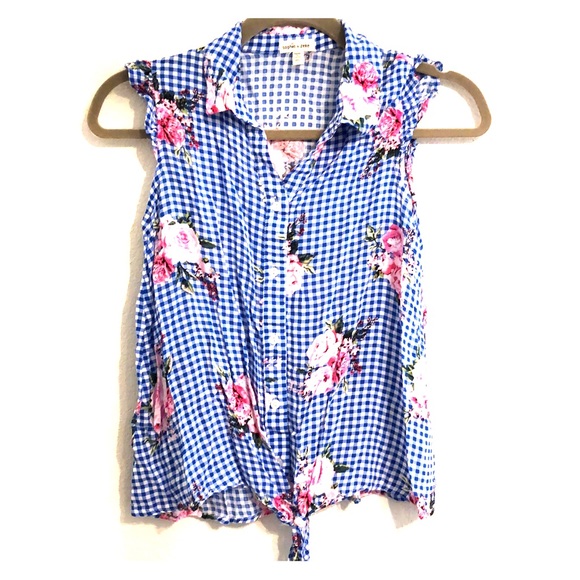 Blue gingham/pink rose blouse - Picture 1 of 4